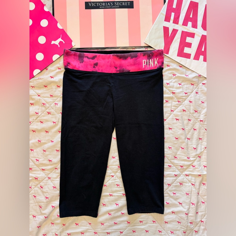 VS PINK VINTAGE Y2K YOGA CAPRI LEGGINGS TIE DYE BLING RHINESTONE LOGO RARE LARGE